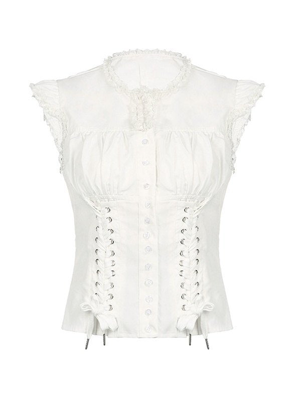 White Vintage Slim Straps Blouse with Short Sleeves