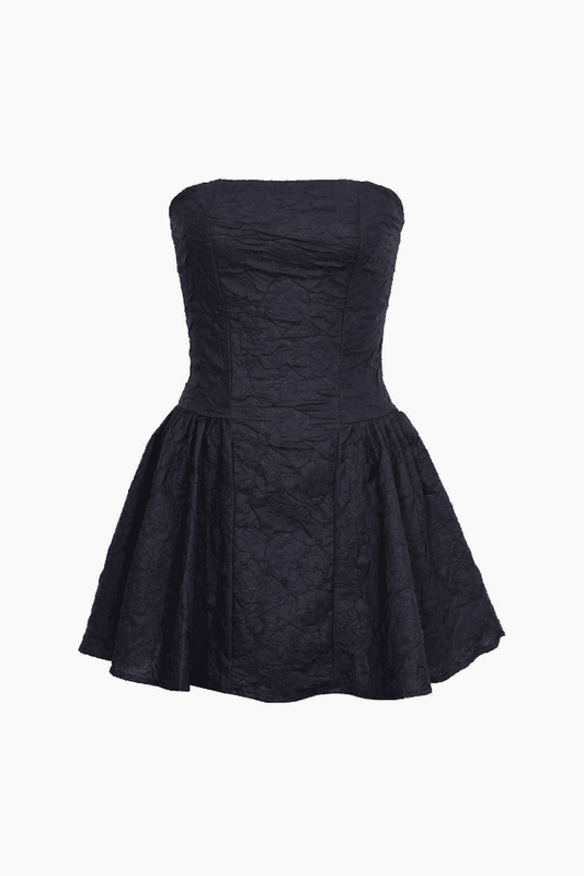 JY Black Vintage Jacquard Fitted Ruffle Hem Strapless Mini Dress/Black Vintage Jacquard Fitted Ruffle Hem Strapless Mini Dress