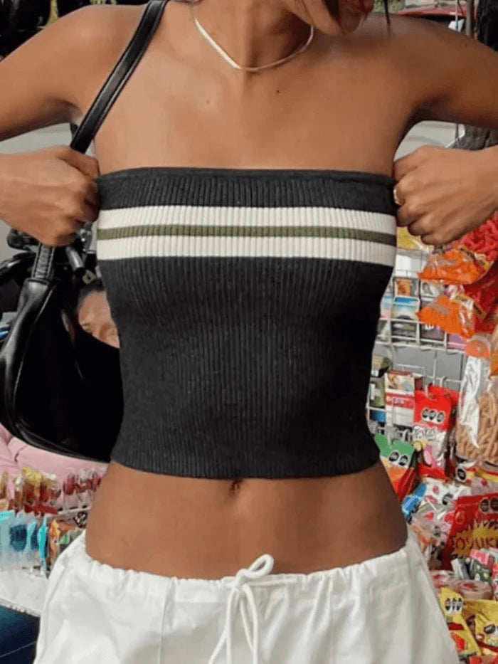 Black Vintage Knit Striped Bandeau Crop Top