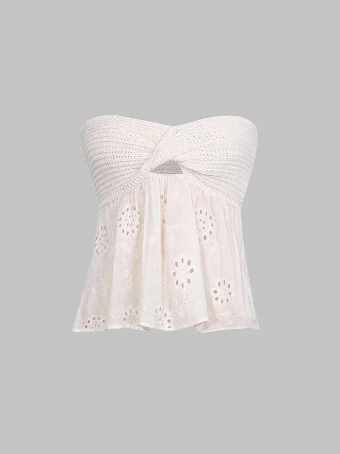 White Vintage Knitted Knot Tube Top with Embroidery 