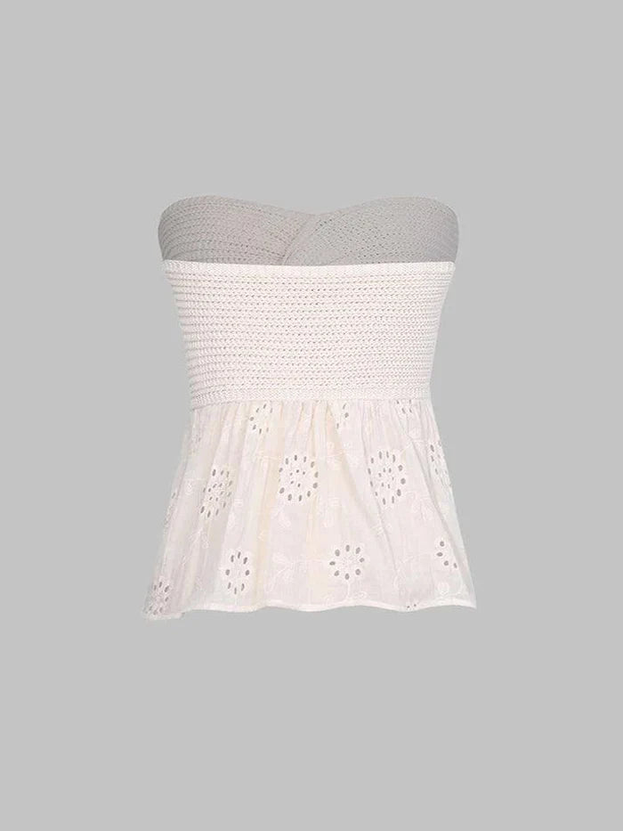 White Vintage Knitted Knot Tube Top with Embroidery 