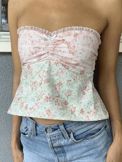 Süßes Kariertes Bandeau Top mit Spitzenbesatz