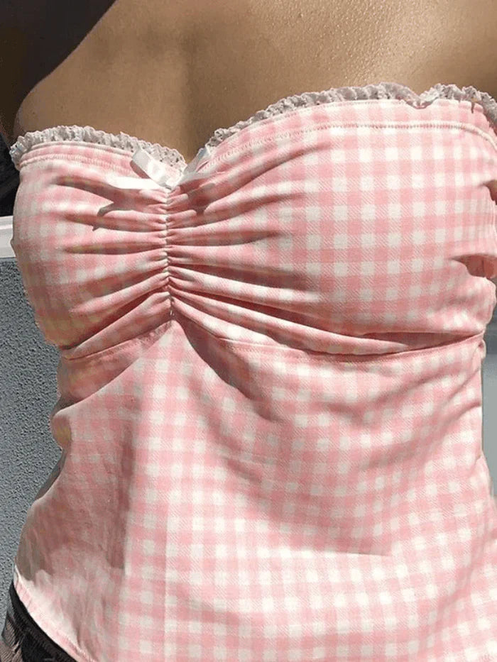 Süßes Kariertes Bandeau Top mit Spitzenbesatz