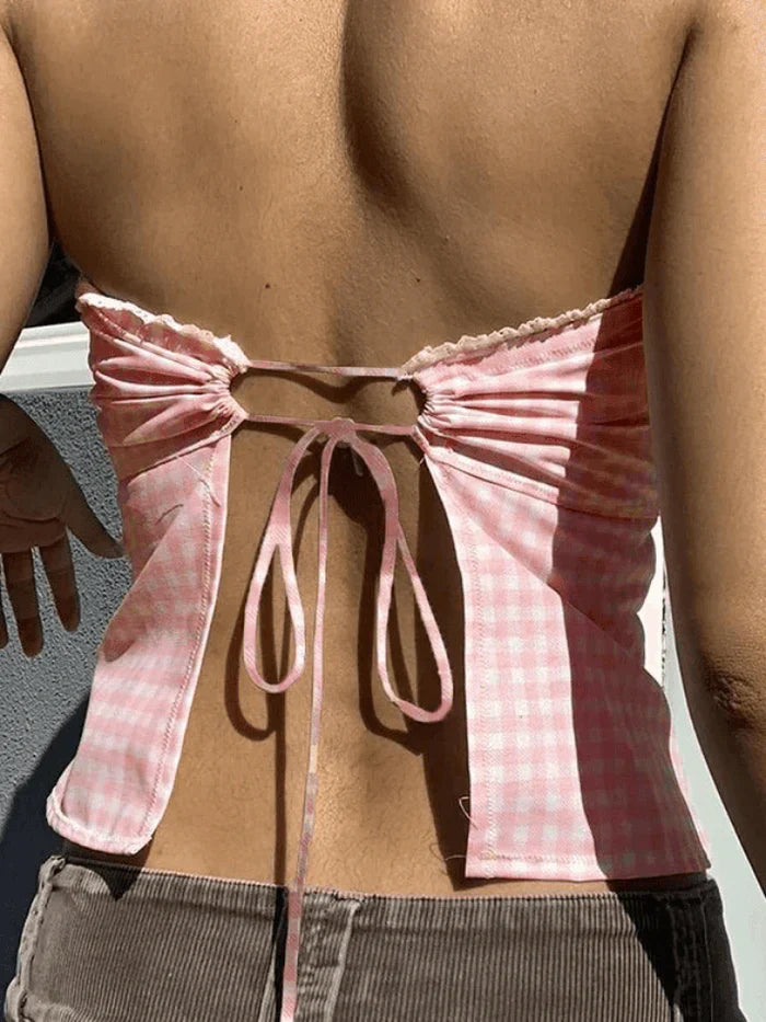 Süßes Kariertes Bandeau Top mit Spitzenbesatz