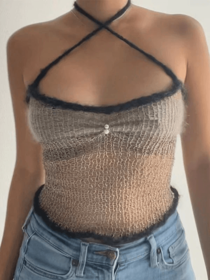 Vintage Lace Up Design Knitted Slim Crop Cami Top