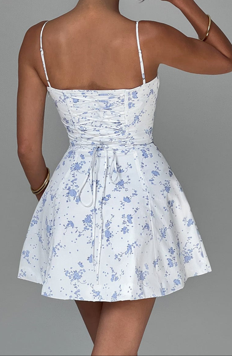 Lia Mini Dress Blue Flower Patroon