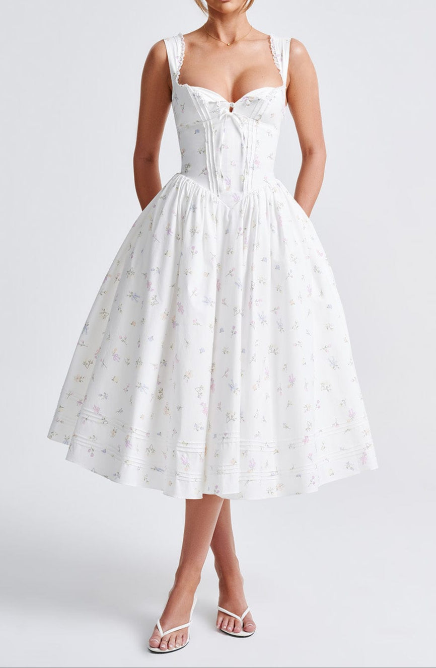 Romanadia Midi Dress - White Floral Print