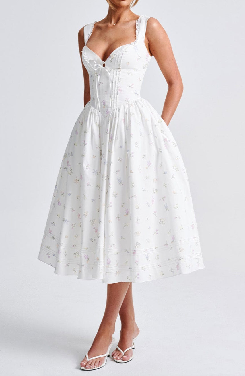 Romanadia Midi Dress - White Floral Print