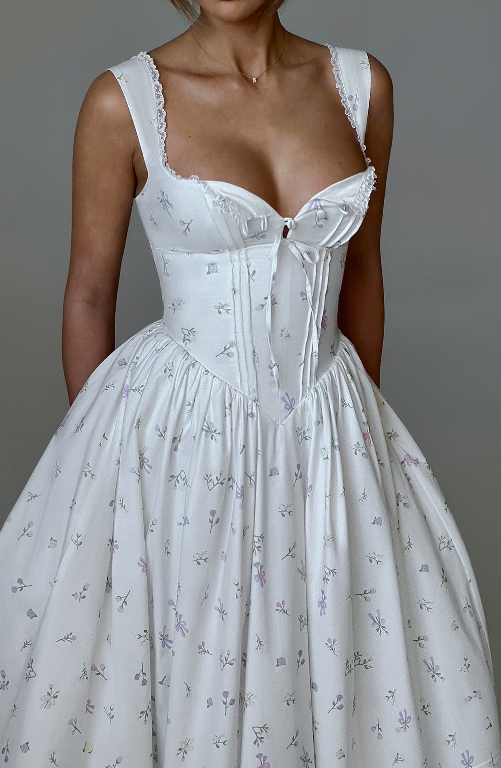 Romanadia Midi Dress - White Floral Print