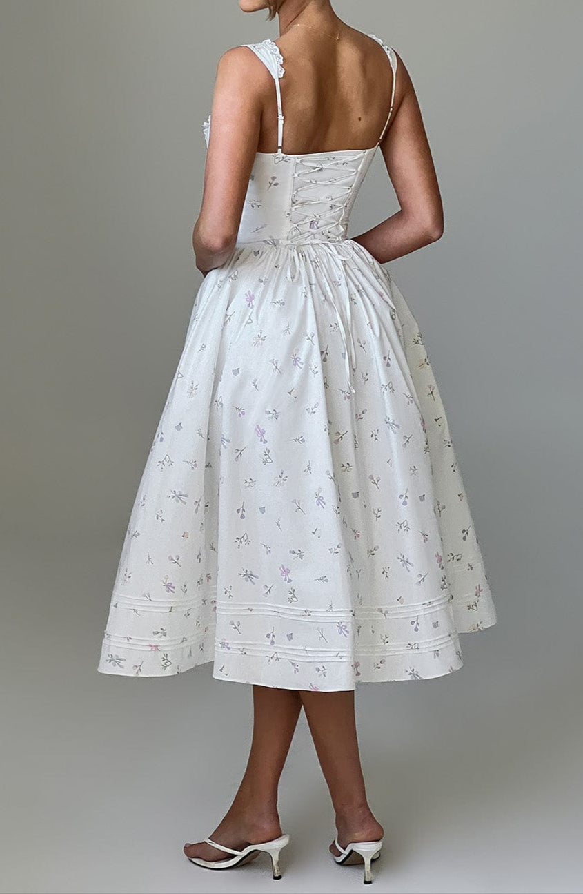 Romanadia Midi Dress - White Floral Print