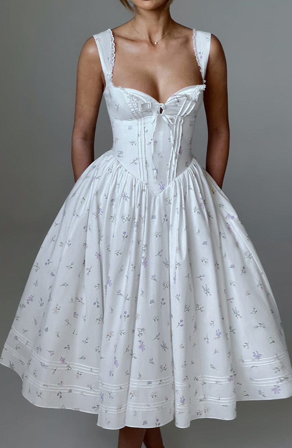 Romanadia Midi Dress - White Floral Print