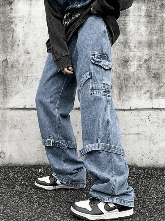 Men's Blue Hip Hop Strap Details Cargo Jeans