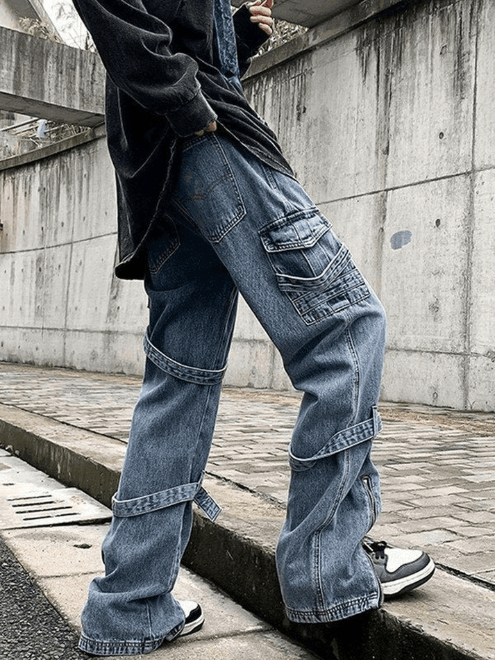 Men's Blue Hip Hop Strap Details Cargo Jeans