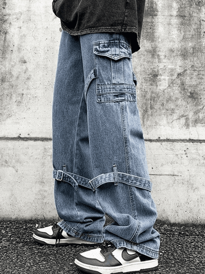 Men's Blue Hip Hop Strap Details Cargo Jeans