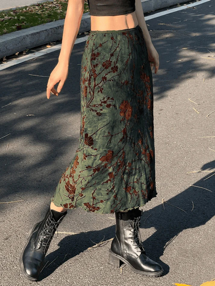 Gonna midi vintage con motivo floreale e rete