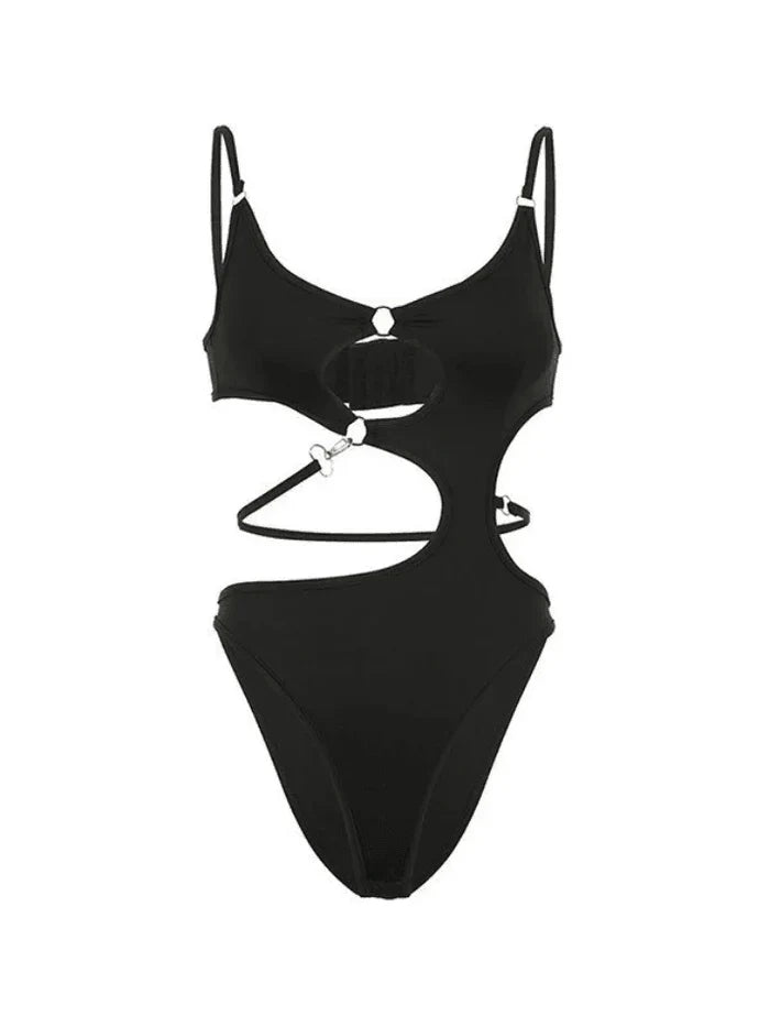 Schwarzer Sexy O Ring Cutout Cami Bodysuit