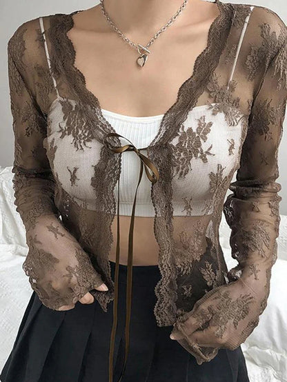 Y2K Open Front Lace Long Sleeve Crop Blouse