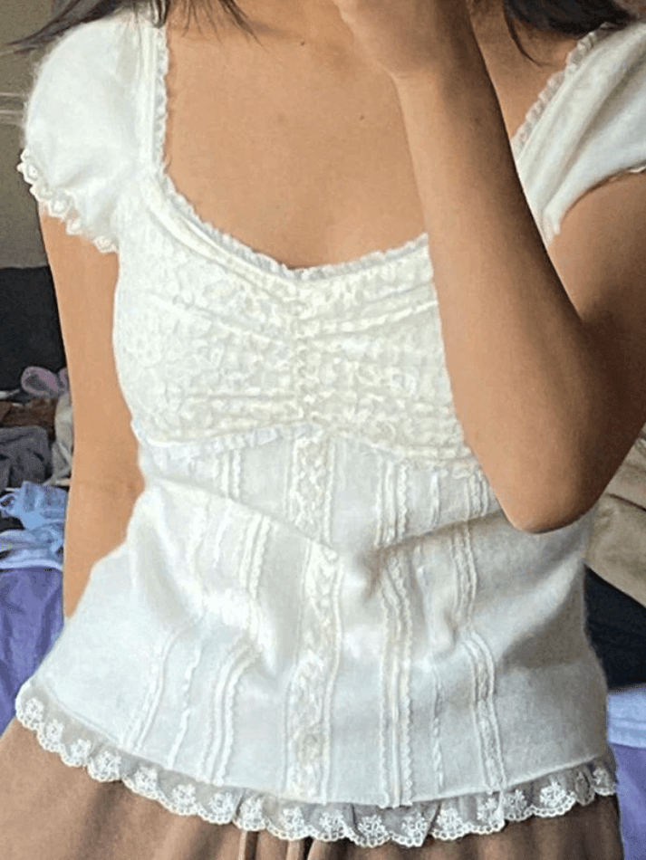 Weiße Vintage Spitzenbesatz Puffärmeln Bluse