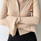 Solid vintage polo collar long sleeve rib blouse