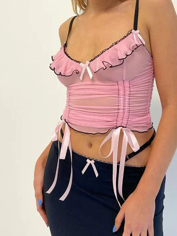 Pink Vintage Lace Up Bow Mesh Cami Top 