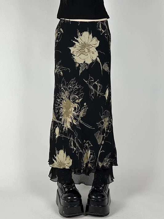 Vintage Floral Print Low Waist Maxi Skirt