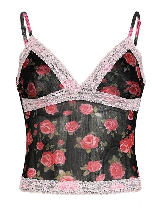 Canottiera patchwork in pizzo con motivo a rose francesi