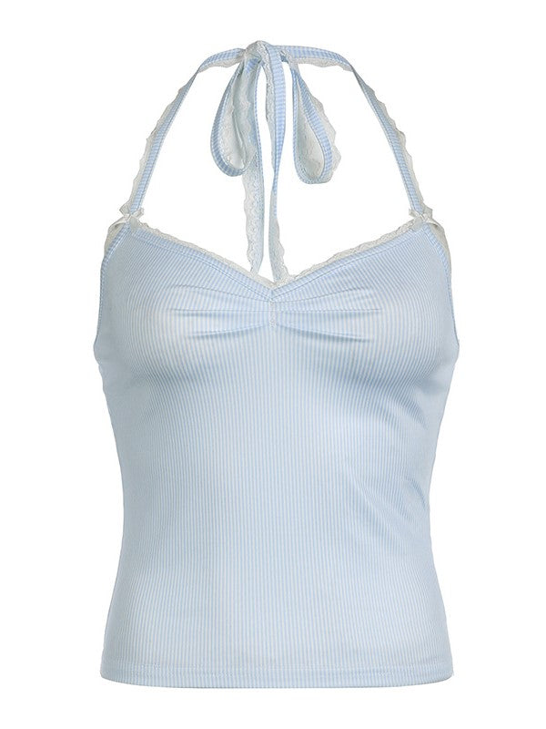 Blue Lace Trim Halter Cami Top