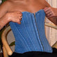 Top corsetto in denim blu con chiusura a gancio vintage