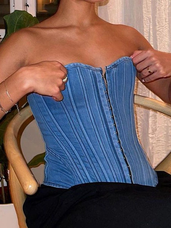 Blue vintage hook closure denim corset top