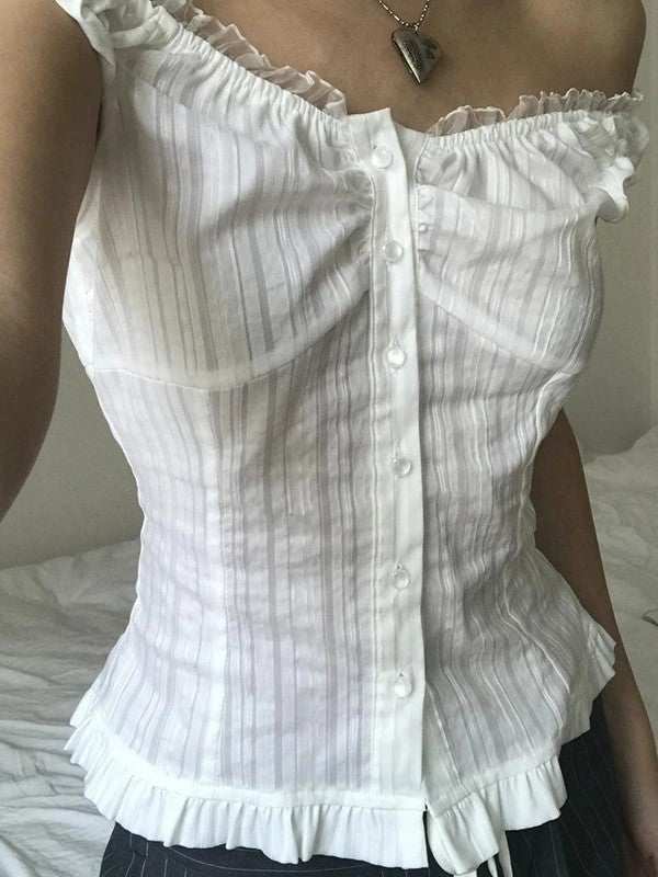 Vintage Spitze Verzierte Schulterfreie Bluse mit Knopfleiste Vorne