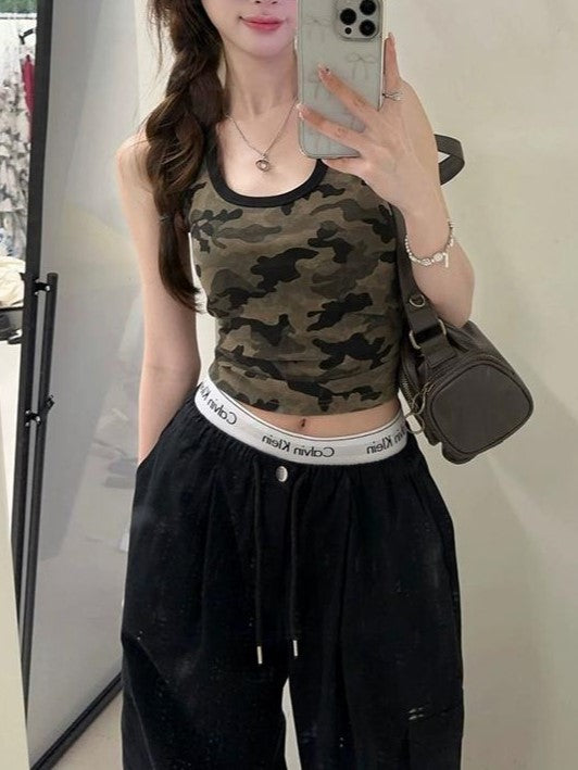 Vintage Camo Scoop Neck Crop Tank Top