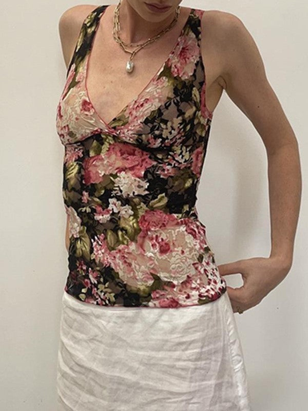 Vintage Floral Print Lace V-Neck Tank Top