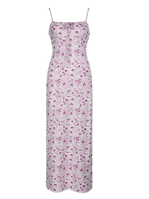 French Pink Print Tie Maxi Dress