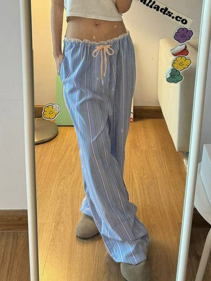 Striped lace patchwork drawstring pants