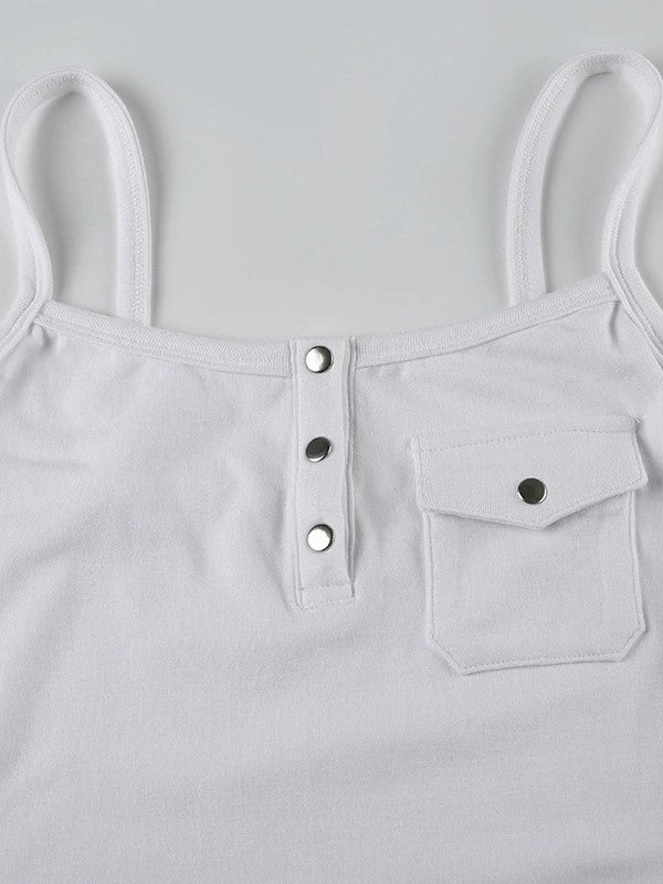 White vintage button front tank top with pocket