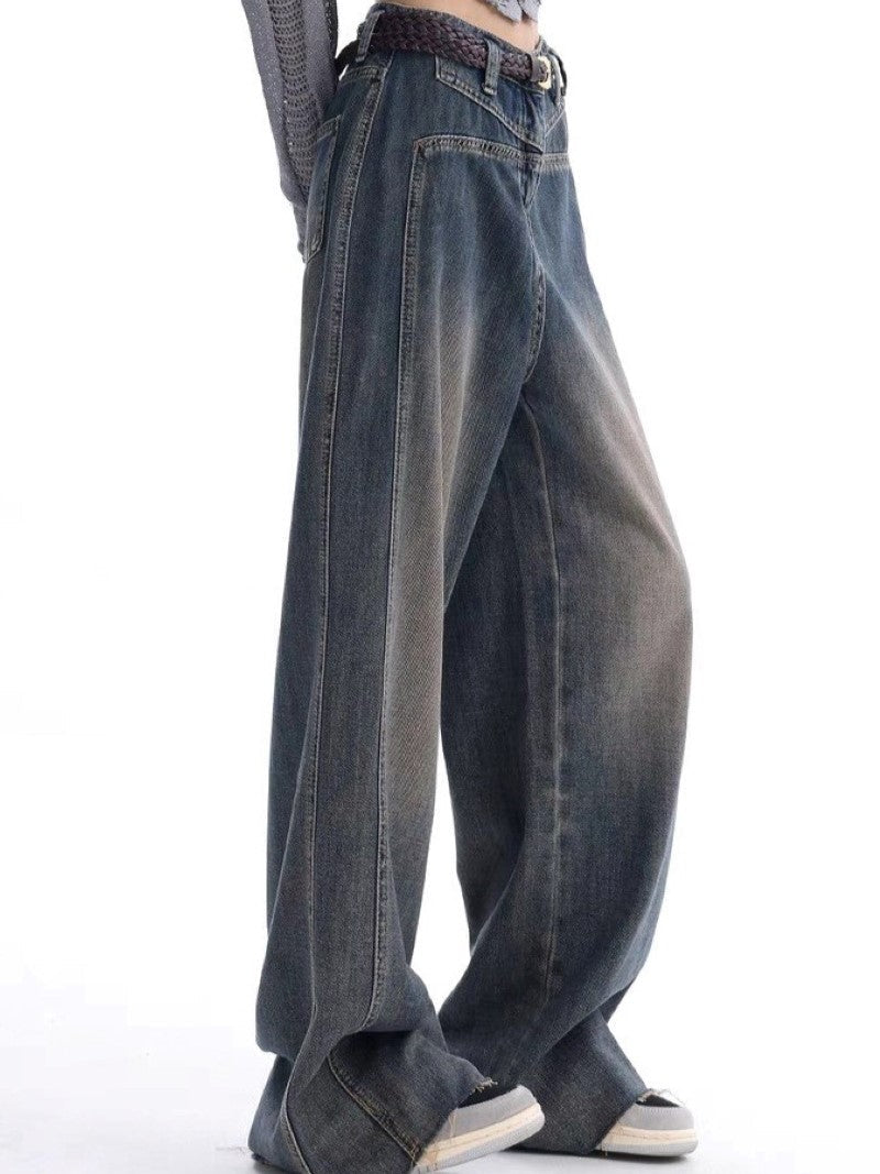 Vintage Verwaschene Baggy Boyfriend Jeans mit Leistendetail