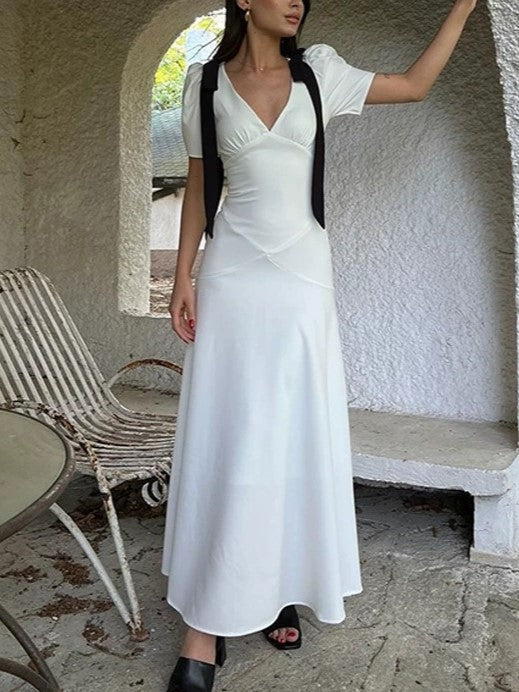 French V Neck Puff Sleeve Bow Tie Maxi Dress