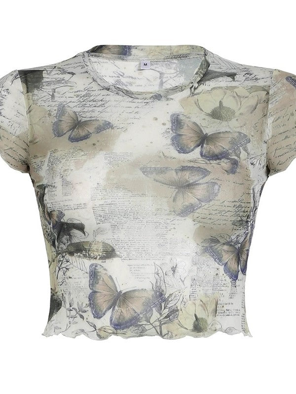 Y2K Butterfly Printed Mesh Crop Top with Rolled Hem