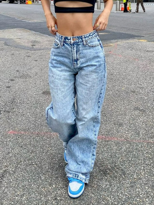 2000er Y2k Blaue Straight Leg Boyfriend Jeans mit Wasch Effekt