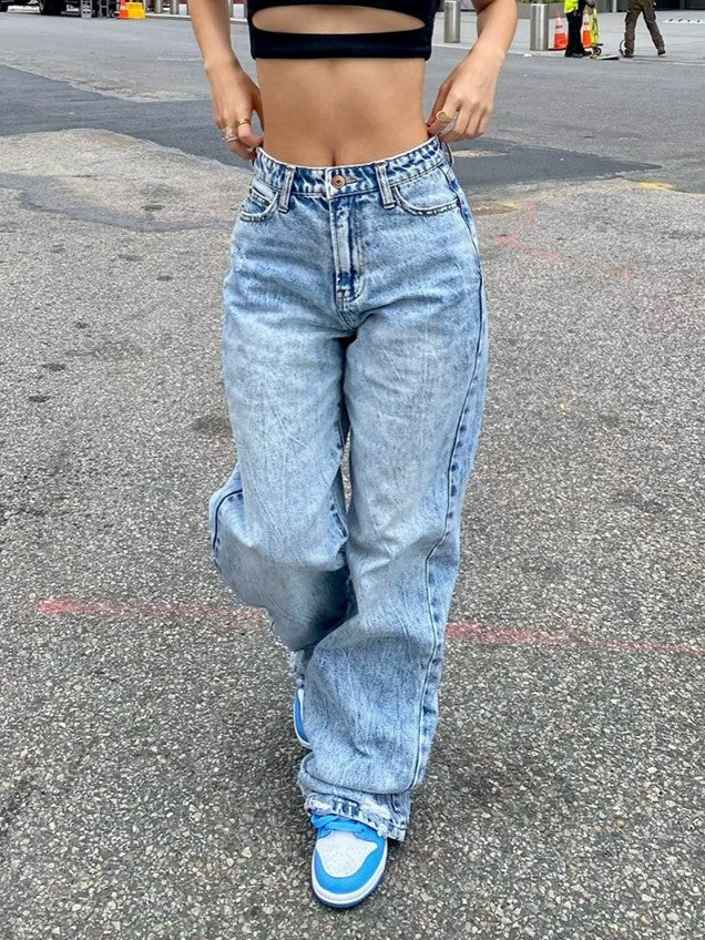 Jeans Boyfriend anni 2000 Y2k blu a gamba dritta con effetto lavaggio