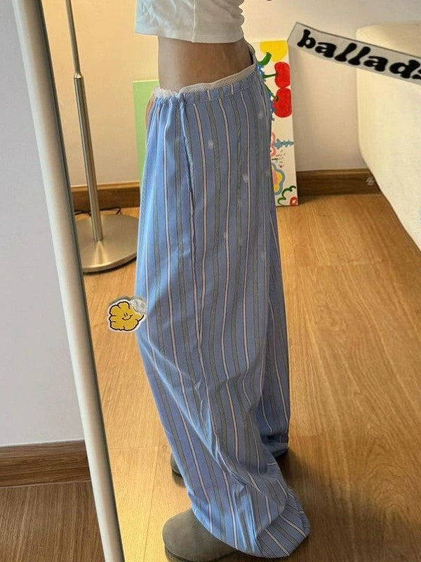 Striped lace patchwork drawstring pants