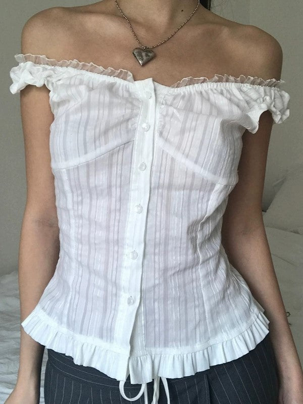 Vintage Spitze Verzierte Schulterfreie Bluse mit Knopfleiste Vorne