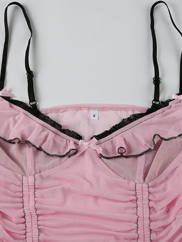 Top in canottiera in rete con fiocco in pizzo vintage rosa 