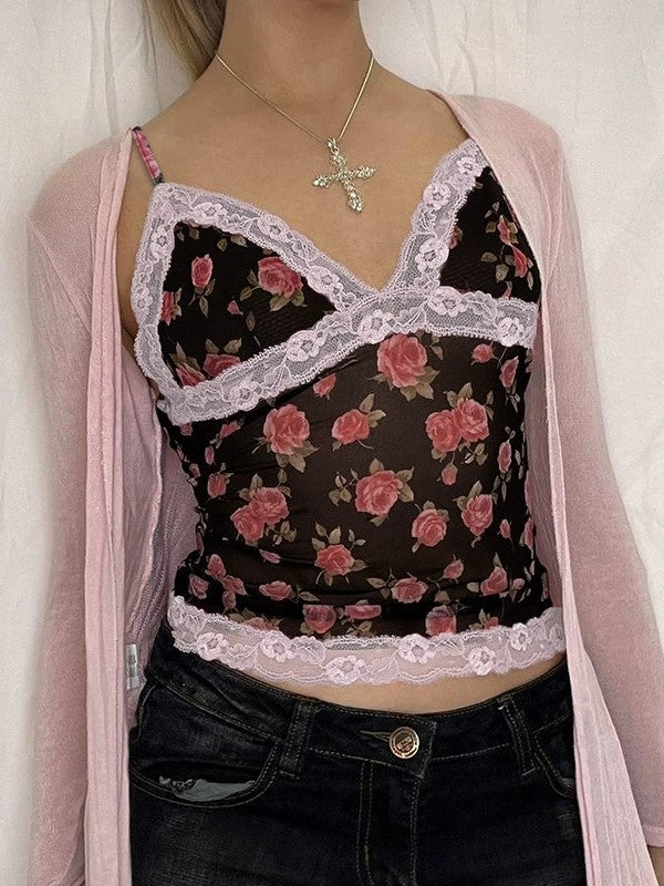 Canottiera patchwork in pizzo con motivo a rose francesi