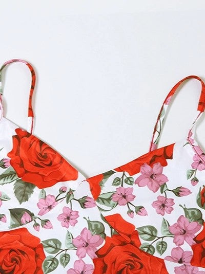 Set top con scollo a V e gonna lunga con stampa floreale vintage rossa 