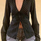 Vintage striped long sleeve blouse with V-neck and lace