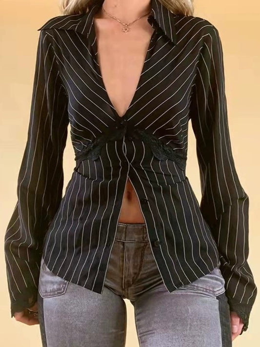 Vintage Gestreifte Langarm Bluse mit V-Ausschnitt und Spitzen