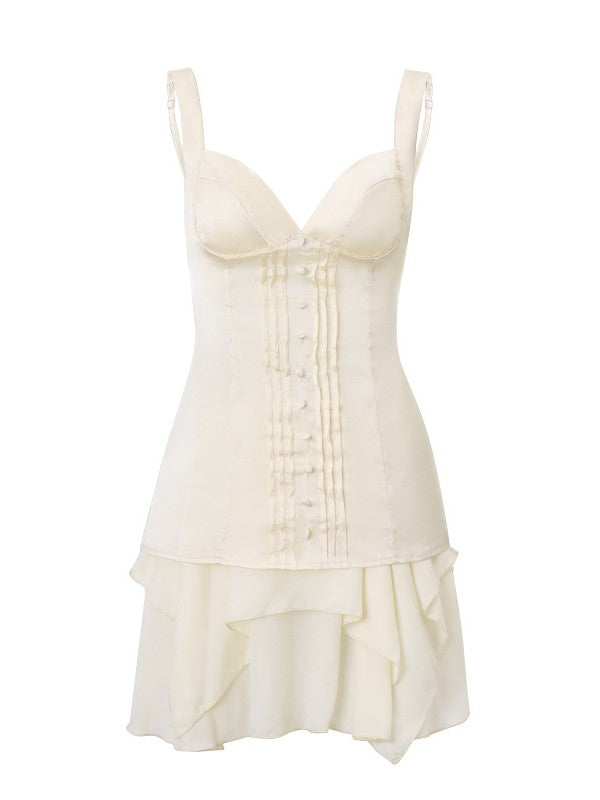 Beige V Neck Ruffle Slim Cami Skirt Set