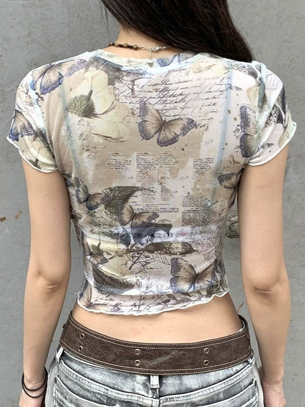 Y2K Butterfly Printed Mesh Crop Top with Rolled Hem