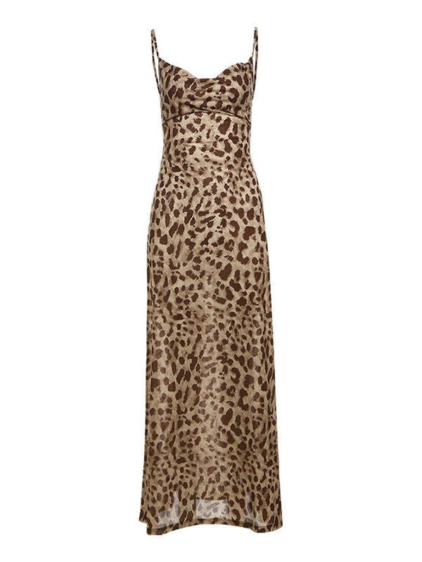 Vintage Leopard Print V Neck Backless Maxi Dress